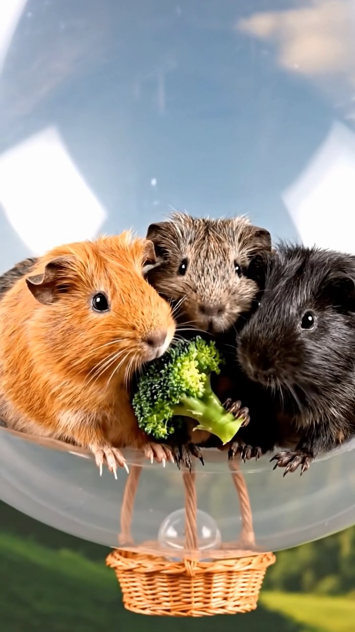 1823. Detailed photo of 4 smooth-haired Peruvian guinea pigs featuring orange, gray, and black coats, sharing broccoli florets, inside a helium balloon envelope with basket views below.