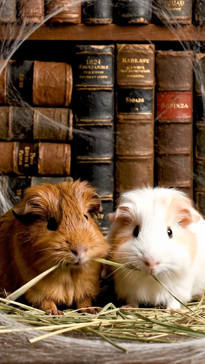 1824. Photorealistic image of 2 smooth-haired Silkie guinea pigs with brown and cream fur, eating dried orchard grass, in a cobwebbed rare book vault with leather volumes.