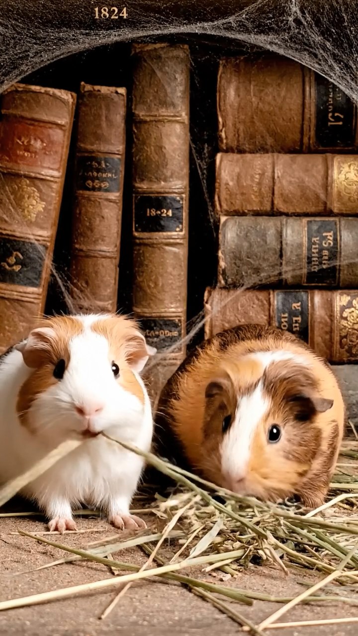 1824. Photorealistic image of 2 smooth-haired Silkie guinea pigs with brown and cream fur, eating dried orchard grass, in a cobwebbed rare book vault with leather volumes.