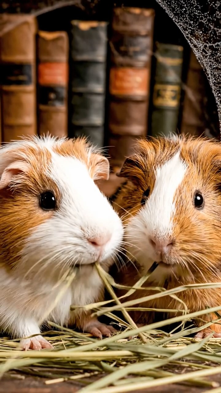 1824. Photorealistic image of 2 smooth-haired Silkie guinea pigs with brown and cream fur, eating dried orchard grass, in a cobwebbed rare book vault with leather volumes.