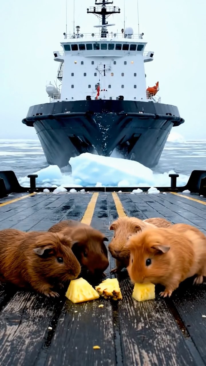 1825. Realistic scene of 5 smooth-haired Teddy guinea pigs in fawn, chocolate, and cinnamon colors, nibbling on pineapple chunks, on a polar icebreaker deck with breaking ice.