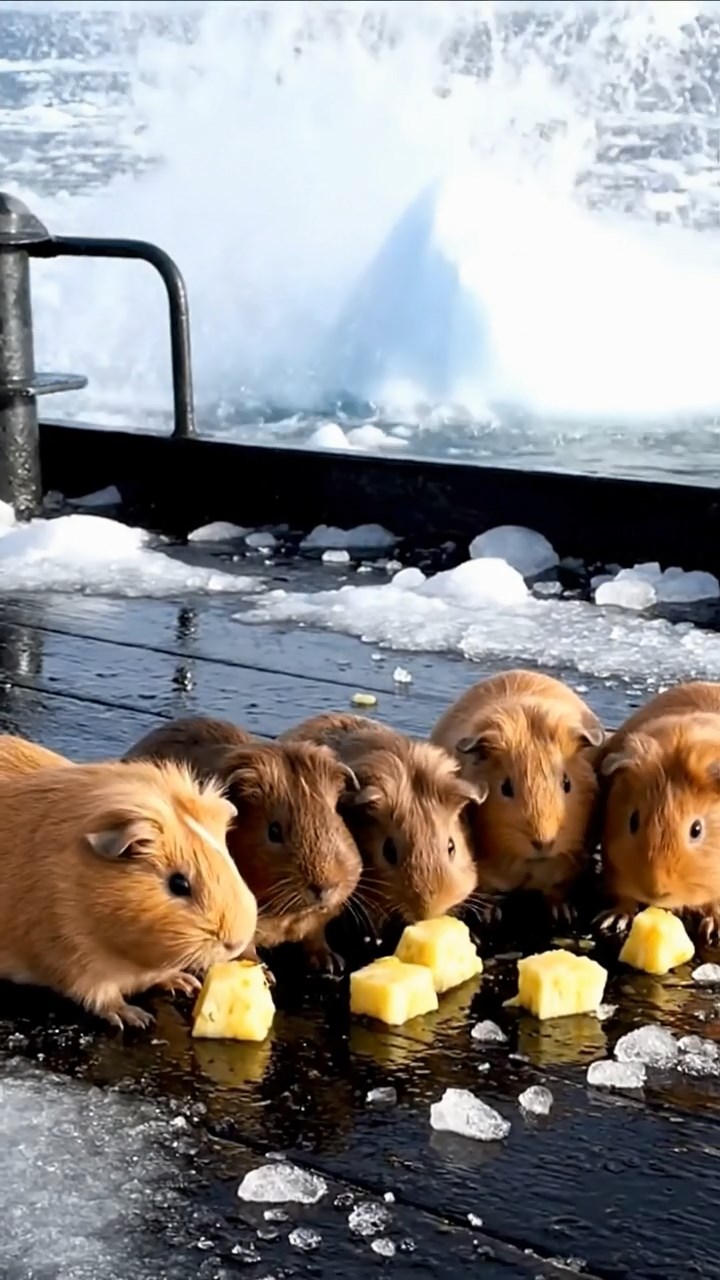 1825. Realistic scene of 5 smooth-haired Teddy guinea pigs in fawn, chocolate, and cinnamon colors, nibbling on pineapple chunks, on a polar icebreaker deck with breaking ice.