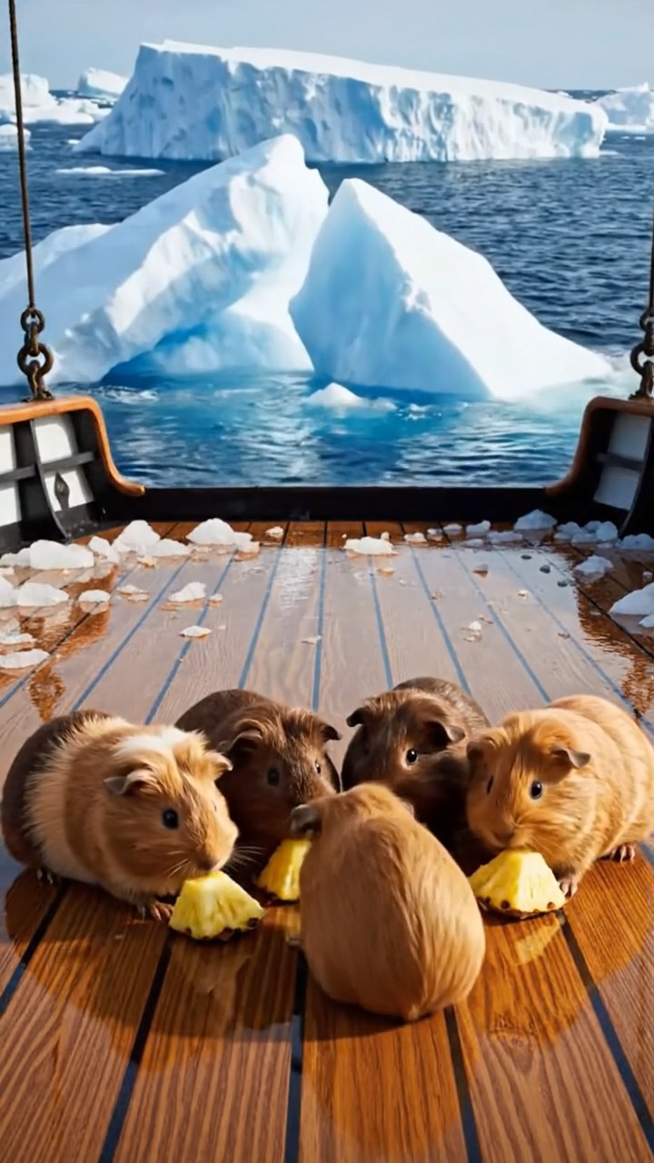 1825. Realistic scene of 5 smooth-haired Teddy guinea pigs in fawn, chocolate, and cinnamon colors, nibbling on pineapple chunks, on a polar icebreaker deck with breaking ice.