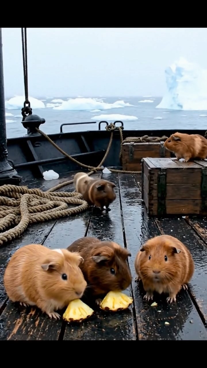 1825. Realistic scene of 5 smooth-haired Teddy guinea pigs in fawn, chocolate, and cinnamon colors, nibbling on pineapple chunks, on a polar icebreaker deck with breaking ice.