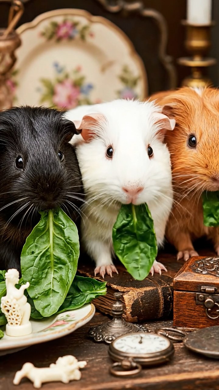 1826. Highly detailed view of 3 smooth-haired Texel guinea pigs with sable, white, and orange fur, chewing on spinach, at a chaotic flea market table with antiques.