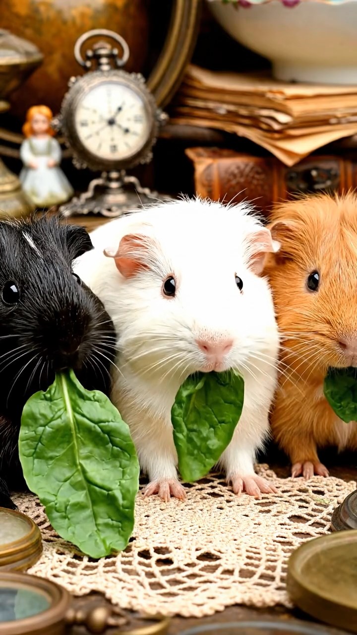 1826. Highly detailed view of 3 smooth-haired Texel guinea pigs with sable, white, and orange fur, chewing on spinach, at a chaotic flea market table with antiques.