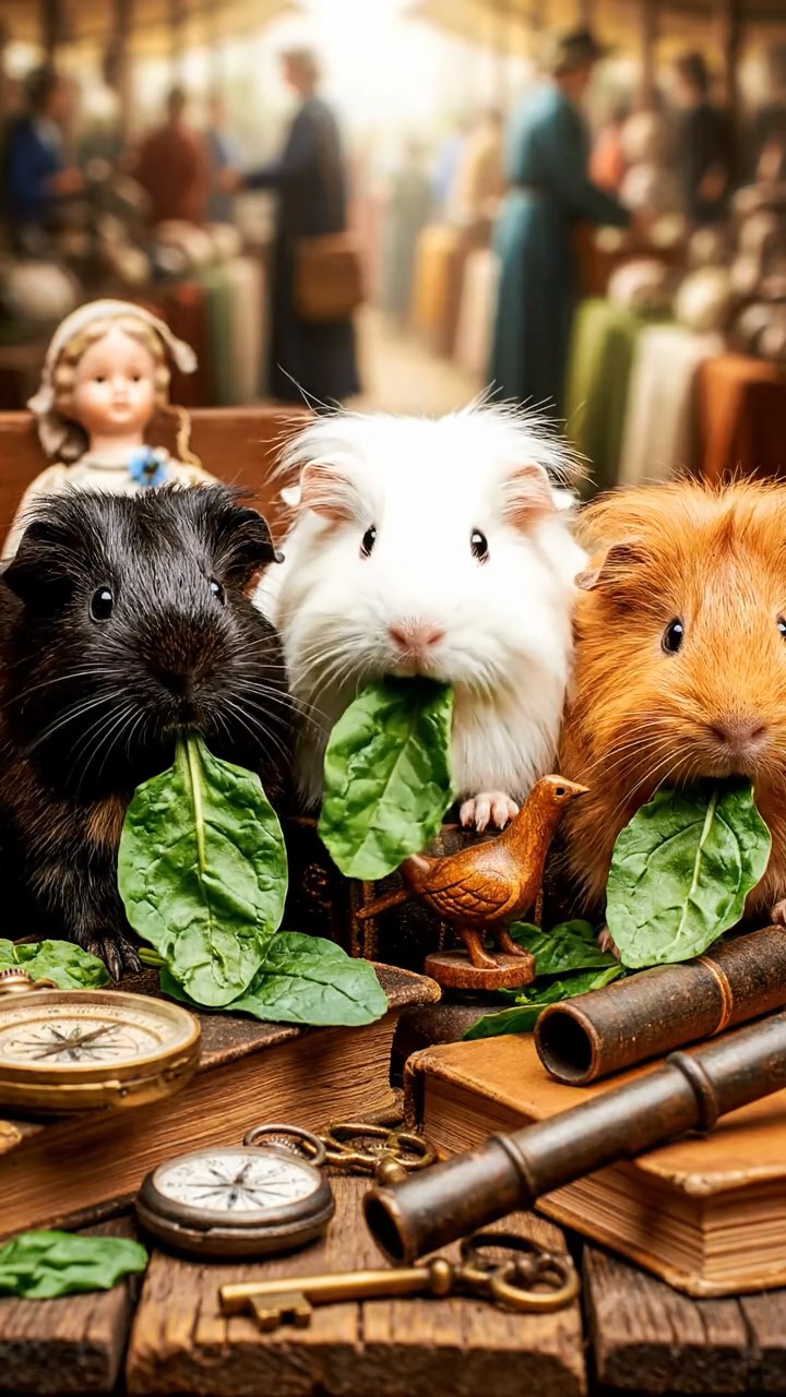 1826. Highly detailed view of 3 smooth-haired Texel guinea pigs with sable, white, and orange fur, chewing on spinach, at a chaotic flea market table with antiques.