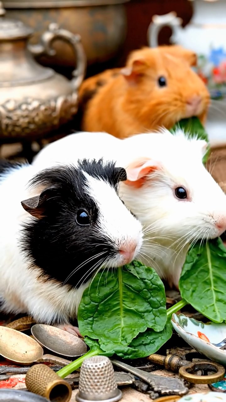 1826. Highly detailed view of 3 smooth-haired Texel guinea pigs with sable, white, and orange fur, chewing on spinach, at a chaotic flea market table with antiques.