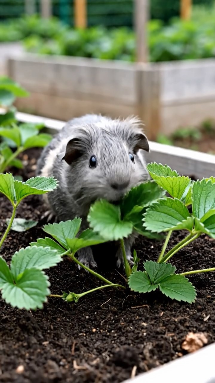 1827. Photorealistic photo of 1 smooth-haired Rex guinea pig with gray fur, munching on strawberry leaves, on a community garden plot with raised beds.