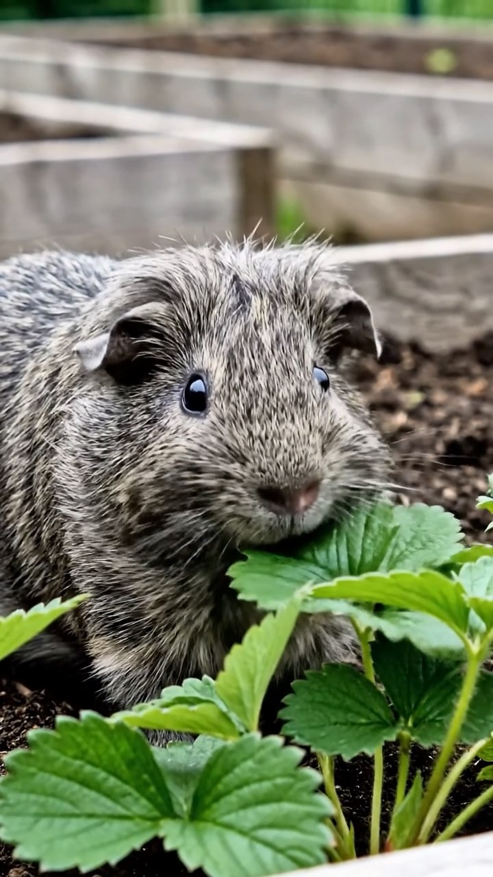 1827. Photorealistic photo of 1 smooth-haired Rex guinea pig with gray fur, munching on strawberry leaves, on a community garden plot with raised beds.