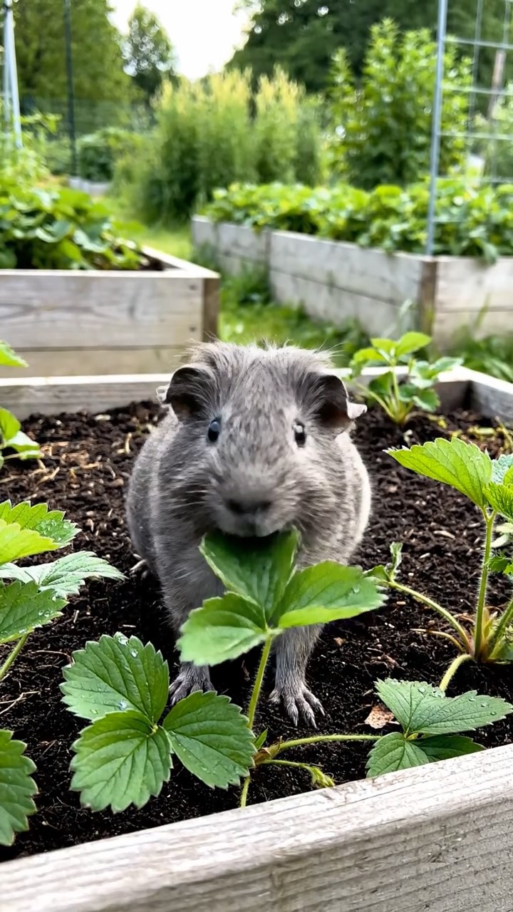 1827. Photorealistic photo of 1 smooth-haired Rex guinea pig with gray fur, munching on strawberry leaves, on a community garden plot with raised beds.
