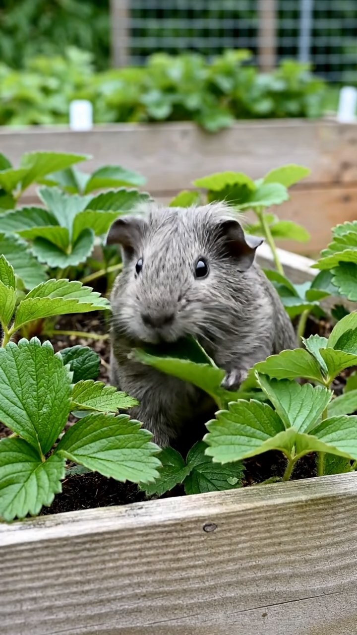 1827. Photorealistic photo of 1 smooth-haired Rex guinea pig with gray fur, munching on strawberry leaves, on a community garden plot with raised beds.