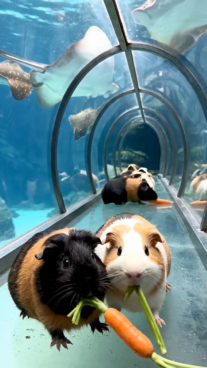 1828. Realistic depiction of 4 smooth-haired Coronet guinea pigs featuring black, brown, and cream coats, sharing carrot tops, in a curved aquarium walkway with rays gliding.