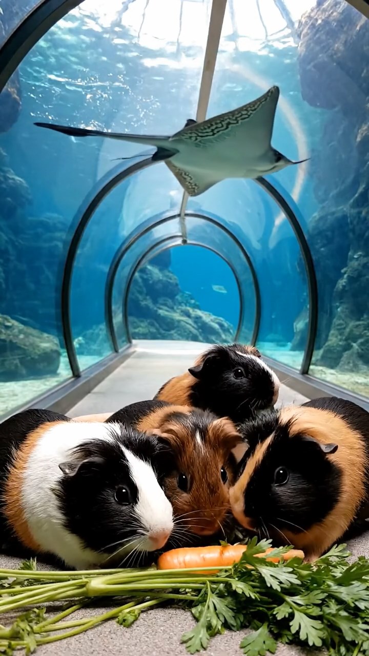 1828. Realistic depiction of 4 smooth-haired Coronet guinea pigs featuring black, brown, and cream coats, sharing carrot tops, in a curved aquarium walkway with rays gliding.