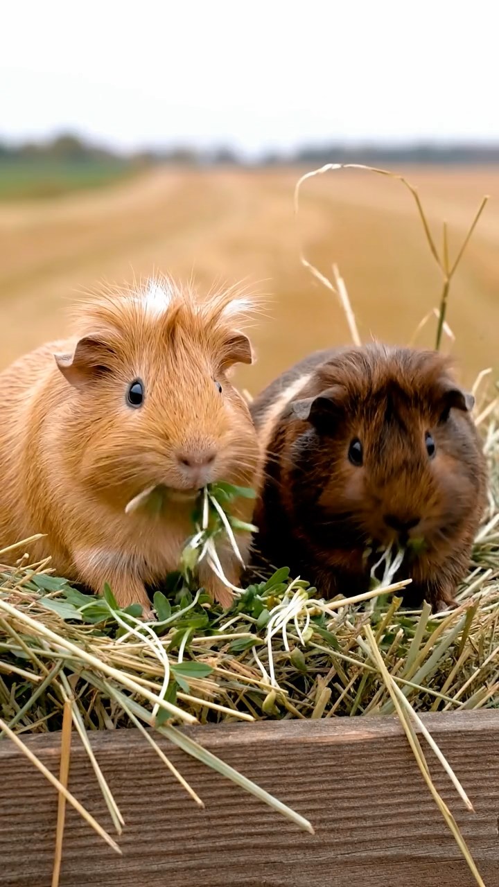 1829. Detailed image of 2 smooth-haired White Crested guinea pigs with fawn and chocolate fur, eating alfalfa sprouts, on a hay wagon in a harvested field.