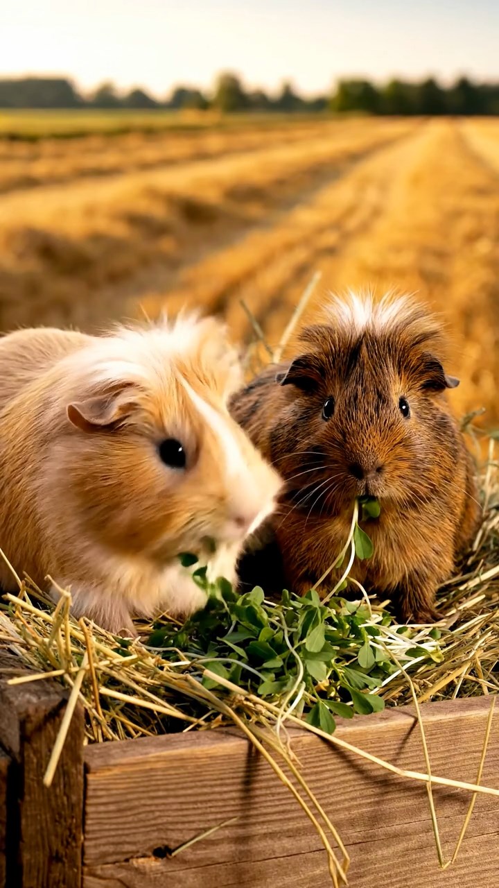1829. Detailed image of 2 smooth-haired White Crested guinea pigs with fawn and chocolate fur, eating alfalfa sprouts, on a hay wagon in a harvested field.