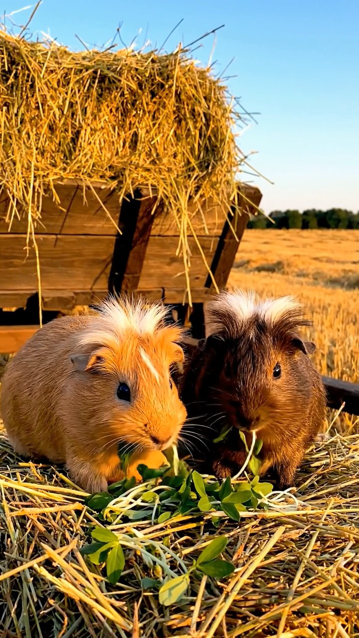 1829. Detailed image of 2 smooth-haired White Crested guinea pigs with fawn and chocolate fur, eating alfalfa sprouts, on a hay wagon in a harvested field.