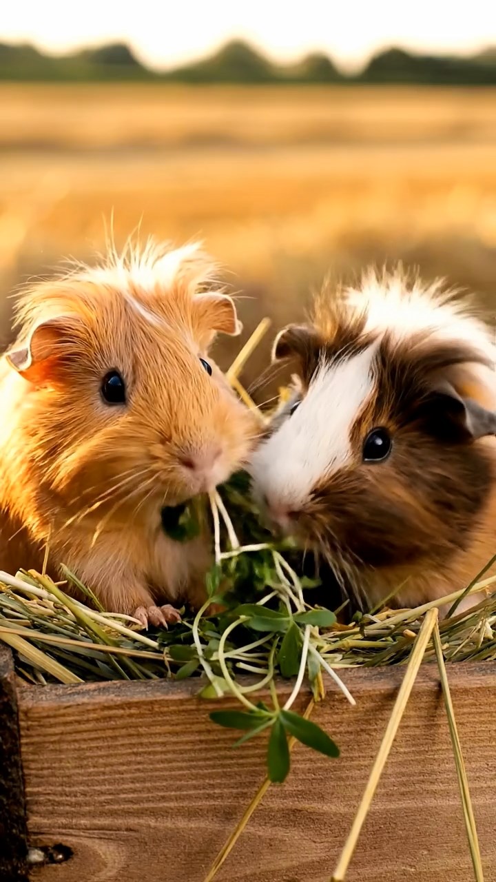 1829. Detailed image of 2 smooth-haired White Crested guinea pigs with fawn and chocolate fur, eating alfalfa sprouts, on a hay wagon in a harvested field.