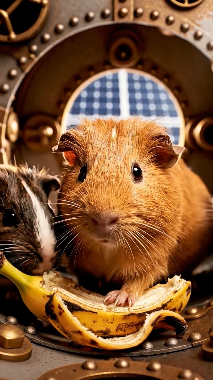 1830. Photorealistic scene of 3 smooth-haired Skinny guinea pigs in cinnamon, sable, and white colors, nibbling on banana peels, inside a satellite module with solar panels.