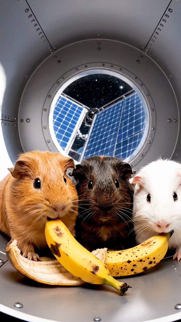 1830. Photorealistic scene of 3 smooth-haired Skinny guinea pigs in cinnamon, sable, and white colors, nibbling on banana peels, inside a satellite module with solar panels.