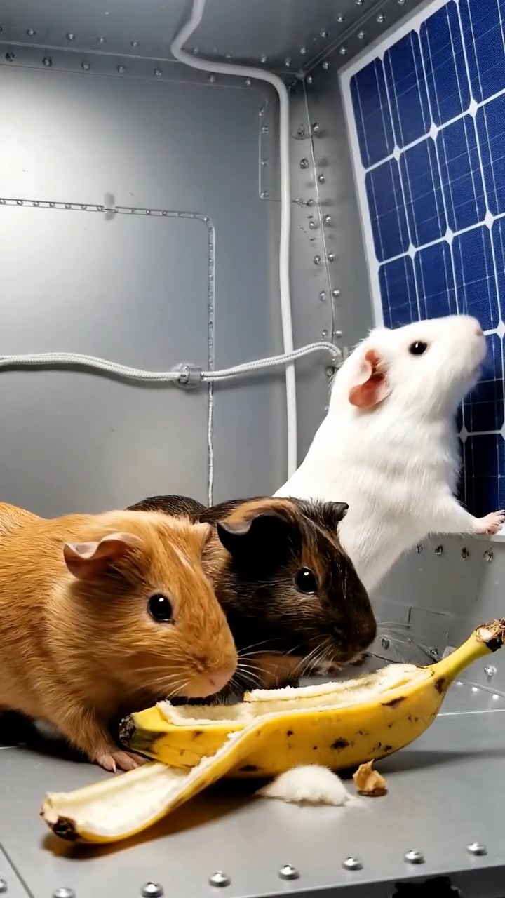 1830. Photorealistic scene of 3 smooth-haired Skinny guinea pigs in cinnamon, sable, and white colors, nibbling on banana peels, inside a satellite module with solar panels.