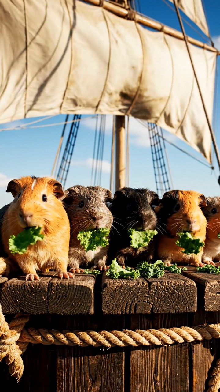 1831. Realistic photo of 5 smooth-haired American guinea pigs with orange, gray, and black fur, chewing on kale chips, on a tall ship mast lookout with sails billowing.