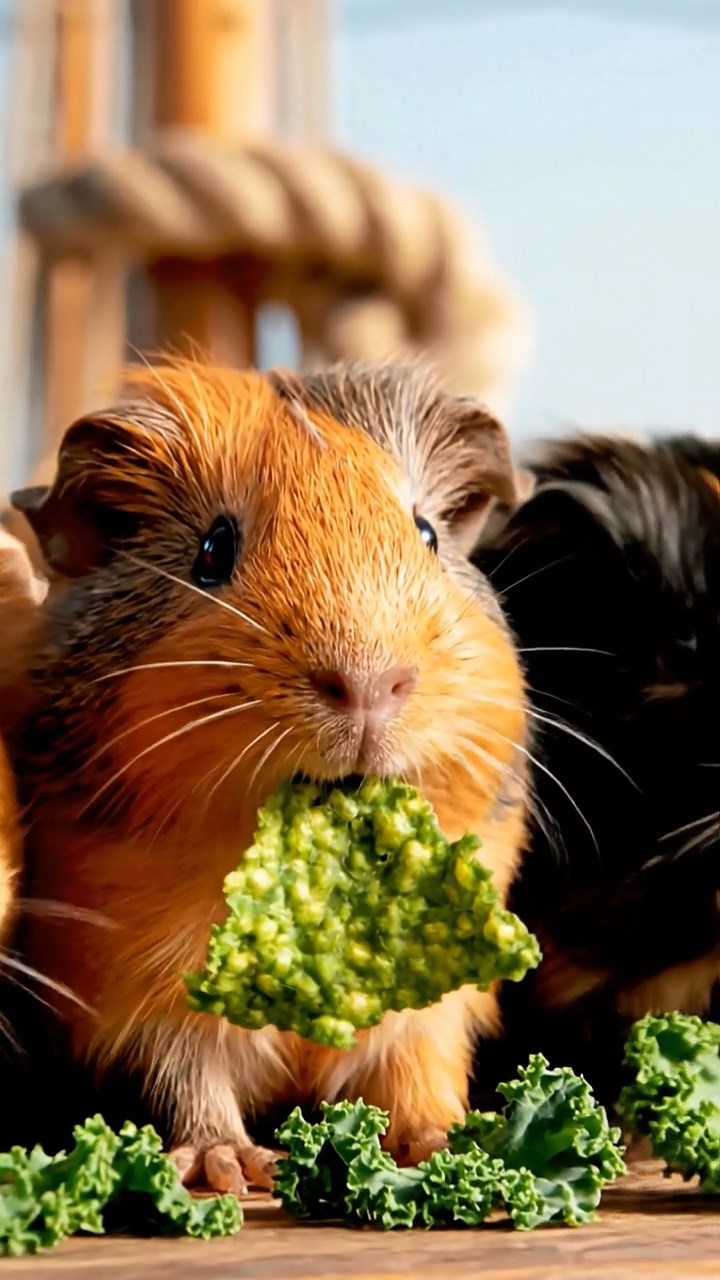 1831. Realistic photo of 5 smooth-haired American guinea pigs with orange, gray, and black fur, chewing on kale chips, on a tall ship mast lookout with sails billowing.