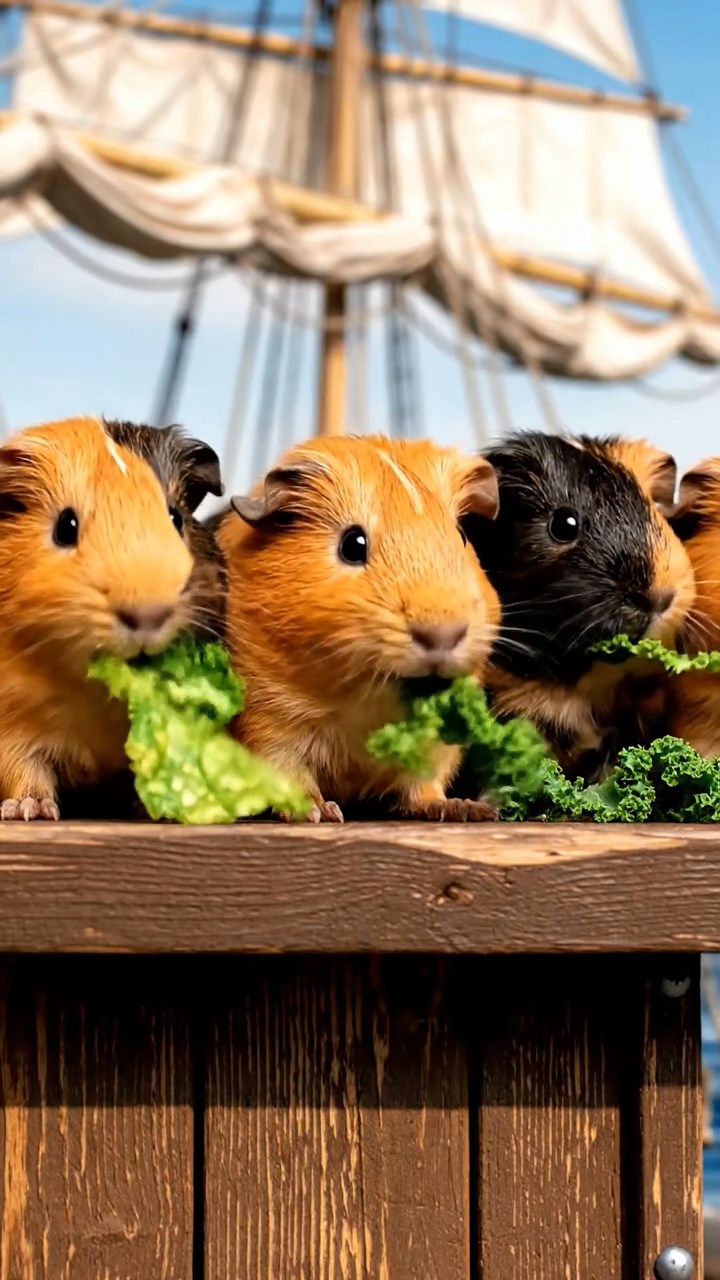 1831. Realistic photo of 5 smooth-haired American guinea pigs with orange, gray, and black fur, chewing on kale chips, on a tall ship mast lookout with sails billowing.