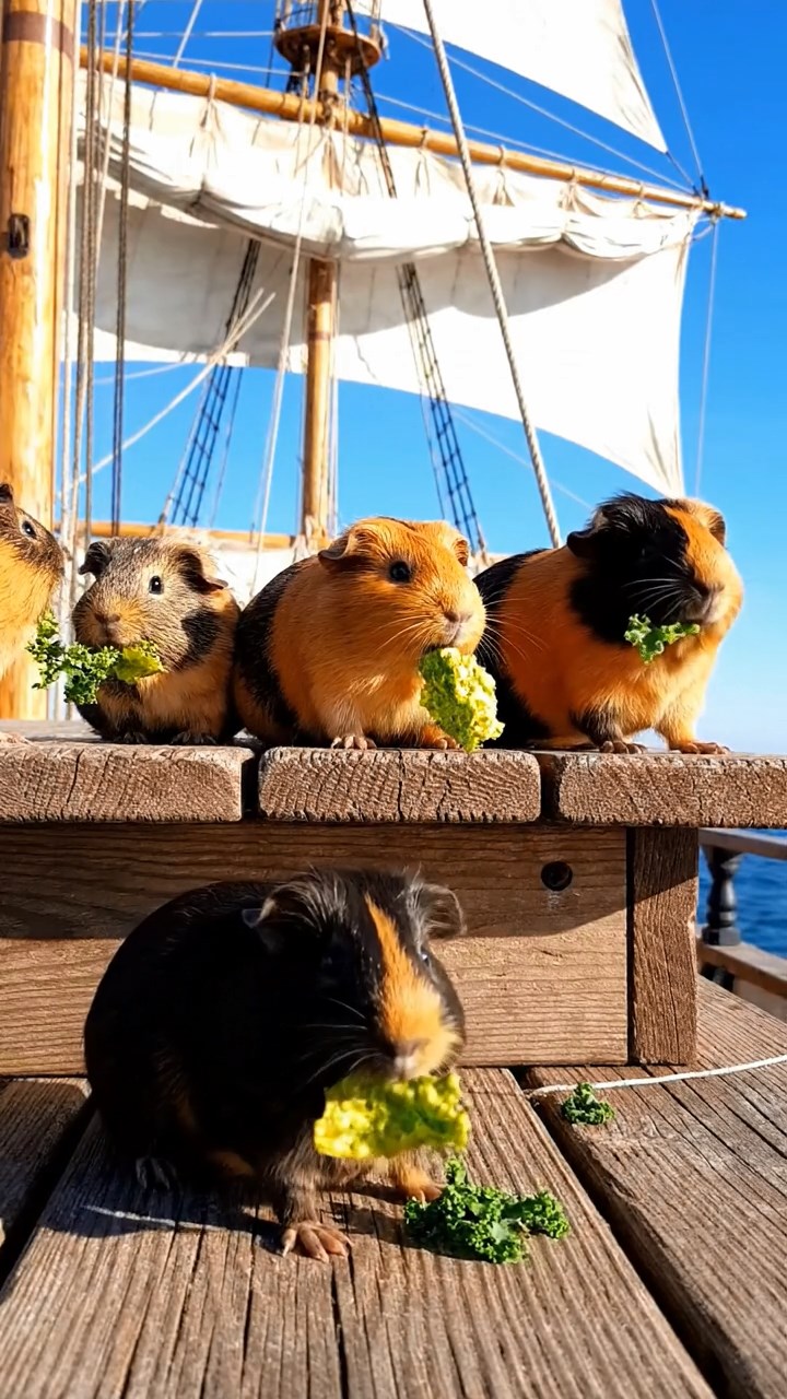 1831. Realistic photo of 5 smooth-haired American guinea pigs with orange, gray, and black fur, chewing on kale chips, on a tall ship mast lookout with sails billowing.