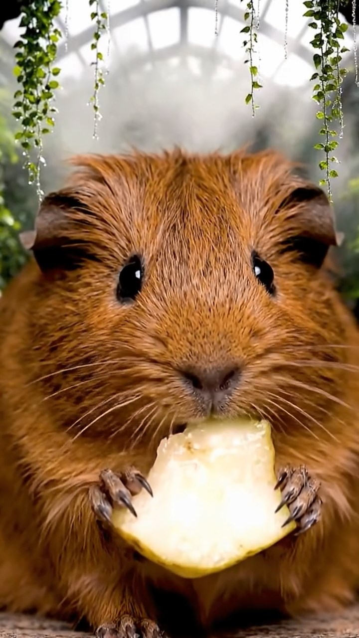 1832. Highly detailed view of 1 smooth-haired Abyssinian guinea pig with brown fur, munching on pear slices, in a foggy botanical atrium with hanging vines.