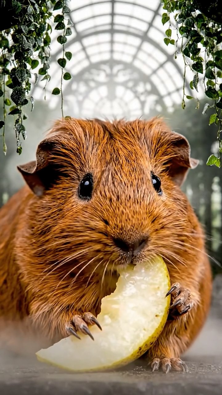 1832. Highly detailed view of 1 smooth-haired Abyssinian guinea pig with brown fur, munching on pear slices, in a foggy botanical atrium with hanging vines.