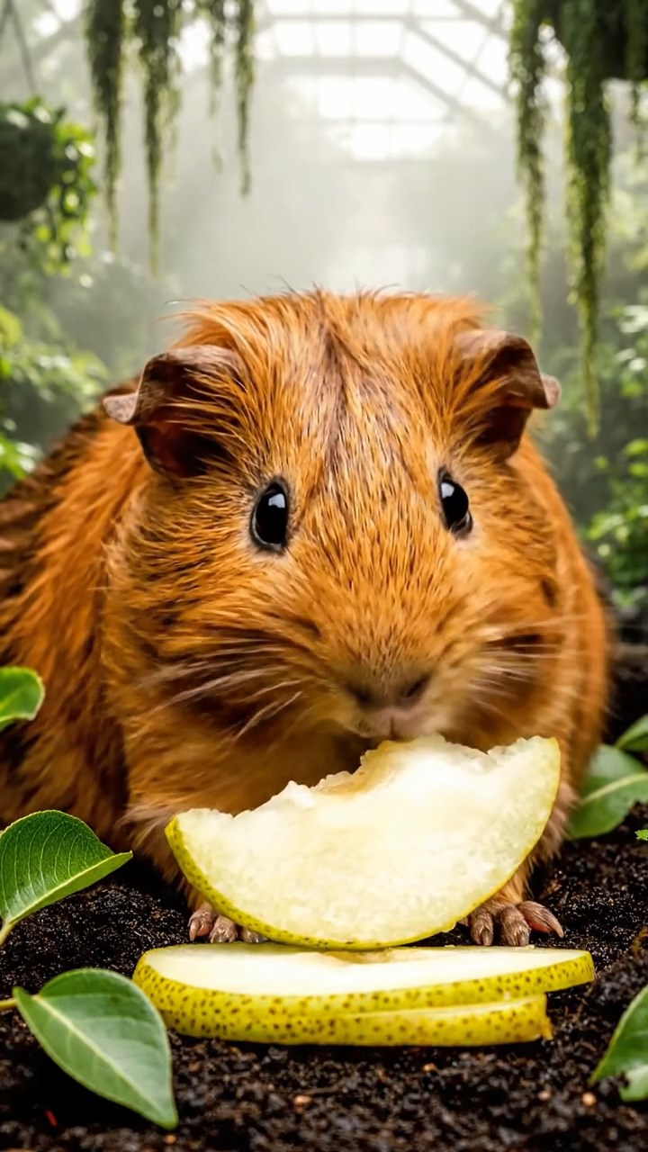 1832. Highly detailed view of 1 smooth-haired Abyssinian guinea pig with brown fur, munching on pear slices, in a foggy botanical atrium with hanging vines.