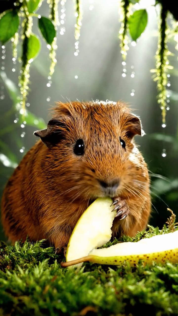 1832. Highly detailed view of 1 smooth-haired Abyssinian guinea pig with brown fur, munching on pear slices, in a foggy botanical atrium with hanging vines.