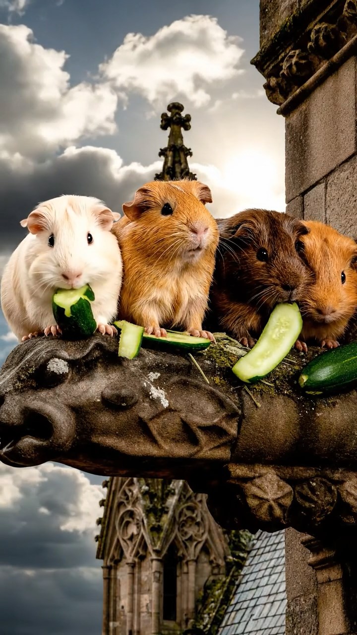 1833. Photorealistic image of 4 smooth-haired Peruvian guinea pigs featuring cream, fawn, and chocolate coats, sharing cucumber peels, atop a gothic castle gargoyle perch.
