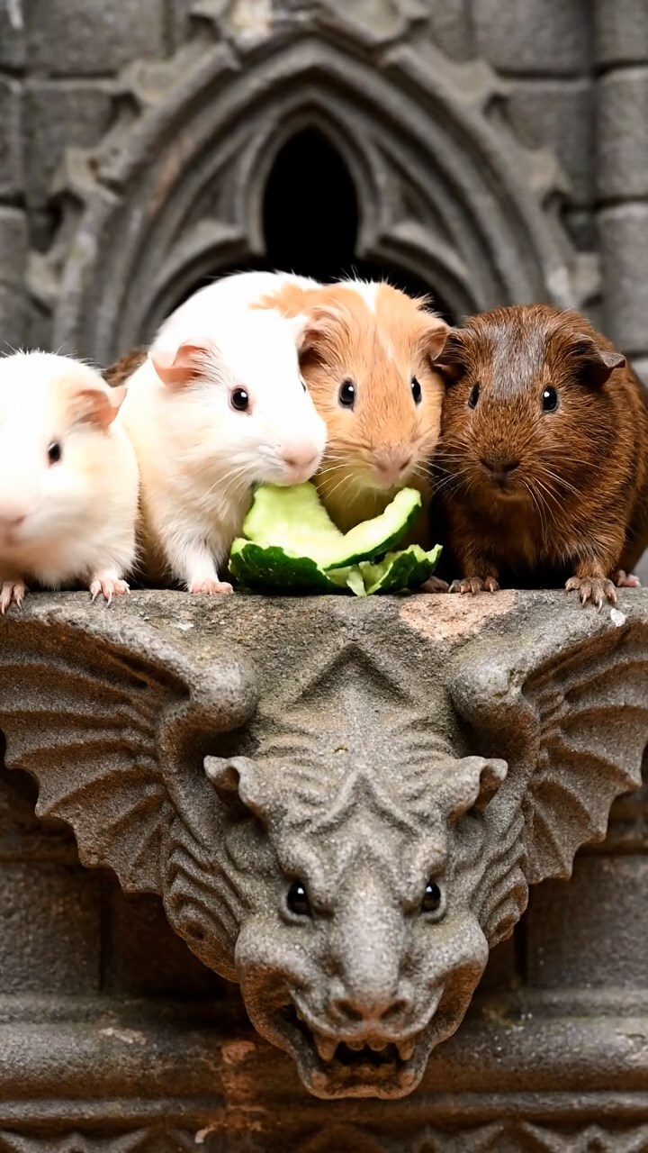1833. Photorealistic image of 4 smooth-haired Peruvian guinea pigs featuring cream, fawn, and chocolate coats, sharing cucumber peels, atop a gothic castle gargoyle perch.