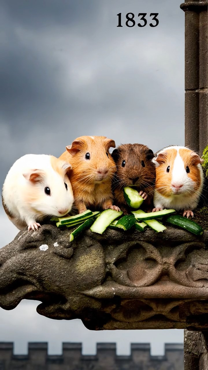 1833. Photorealistic image of 4 smooth-haired Peruvian guinea pigs featuring cream, fawn, and chocolate coats, sharing cucumber peels, atop a gothic castle gargoyle perch.