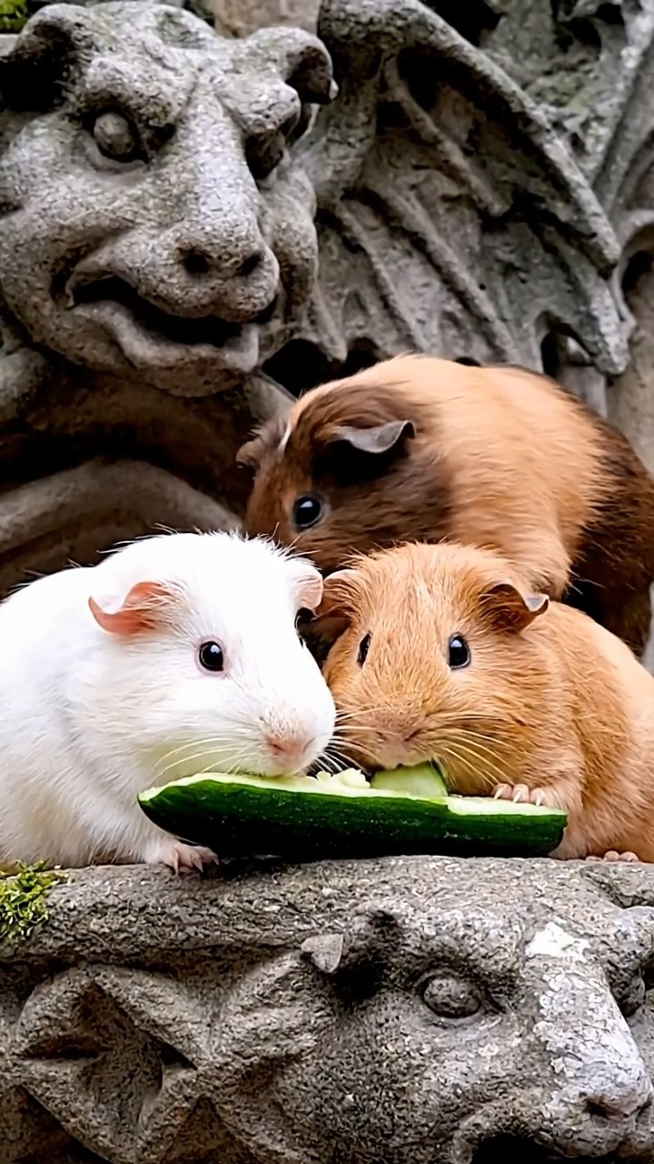 1833. Photorealistic image of 4 smooth-haired Peruvian guinea pigs featuring cream, fawn, and chocolate coats, sharing cucumber peels, atop a gothic castle gargoyle perch.