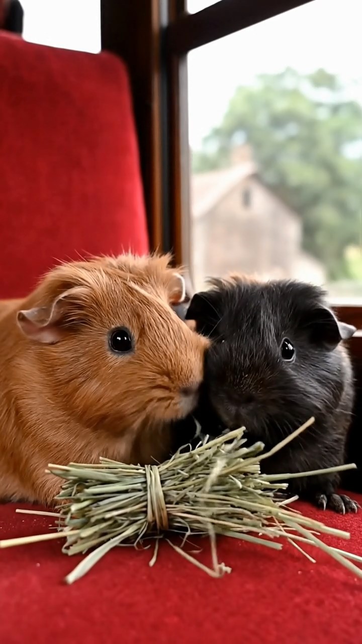 1834. Realistic depiction of 2 smooth-haired Silkie guinea pigs with cinnamon and sable fur, eating timothy hay bundles, inside a commuter train seat with windows.