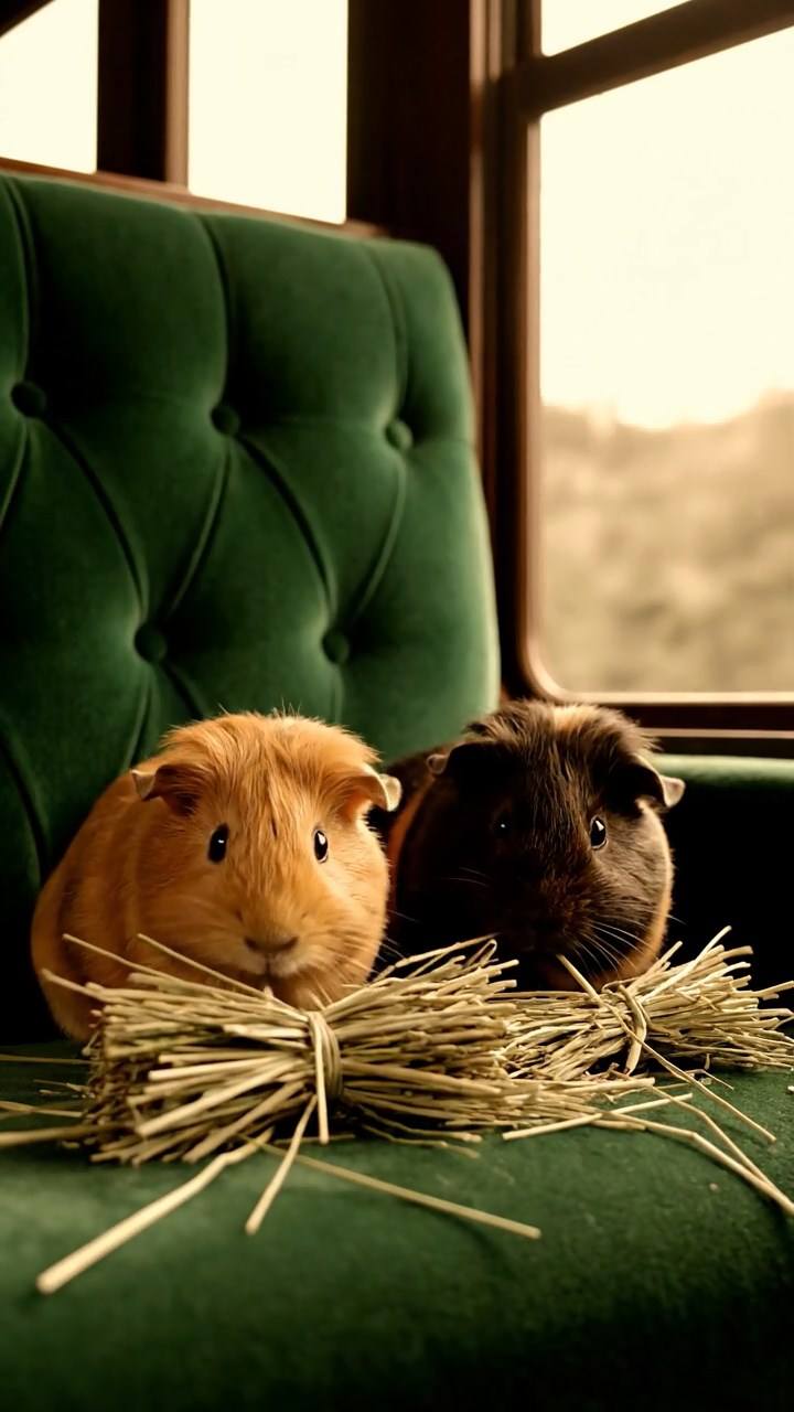 1834. Realistic depiction of 2 smooth-haired Silkie guinea pigs with cinnamon and sable fur, eating timothy hay bundles, inside a commuter train seat with windows.