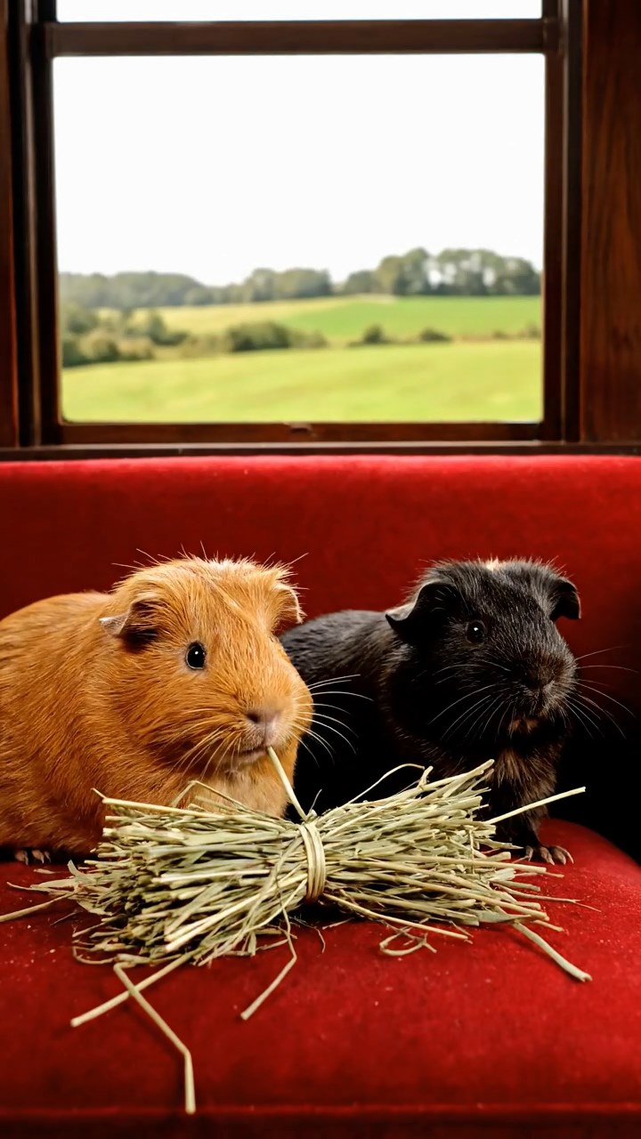 1834. Realistic depiction of 2 smooth-haired Silkie guinea pigs with cinnamon and sable fur, eating timothy hay bundles, inside a commuter train seat with windows.