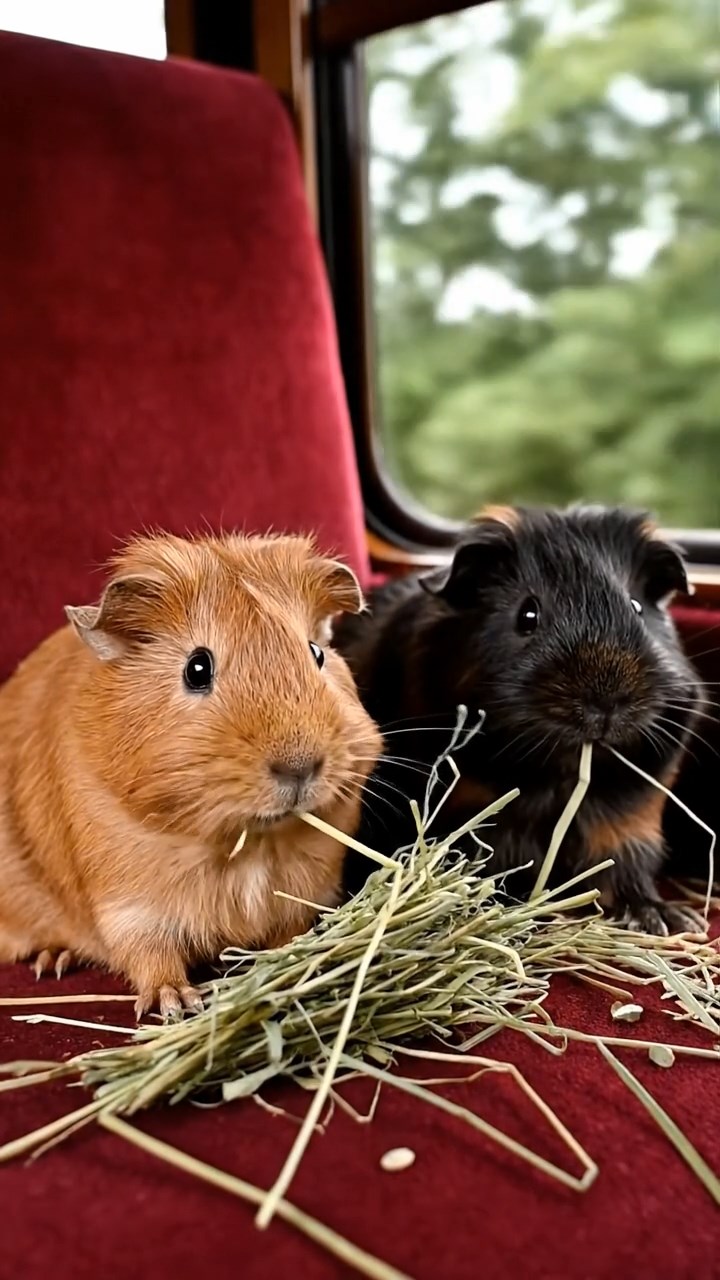1834. Realistic depiction of 2 smooth-haired Silkie guinea pigs with cinnamon and sable fur, eating timothy hay bundles, inside a commuter train seat with windows.