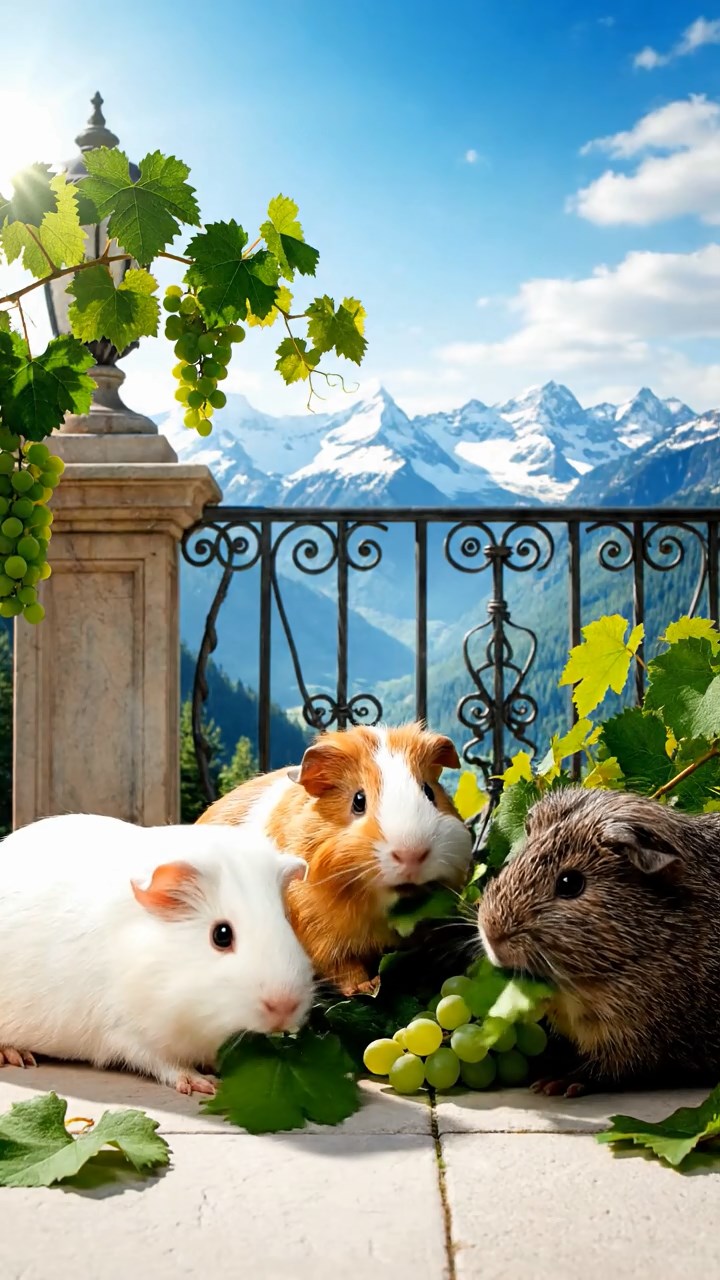 1835. Detailed scene of 3 smooth-haired Teddy guinea pigs with white, orange, and gray fur, nibbling on grape vines, on a luxury resort veranda with mountain vistas.