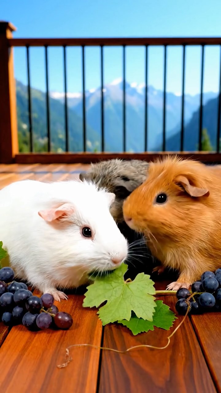 1835. Detailed scene of 3 smooth-haired Teddy guinea pigs with white, orange, and gray fur, nibbling on grape vines, on a luxury resort veranda with mountain vistas.
