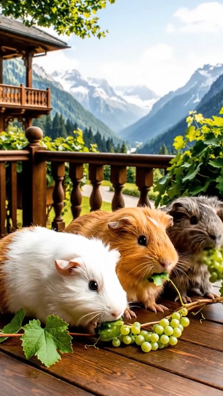 1835. Detailed scene of 3 smooth-haired Teddy guinea pigs with white, orange, and gray fur, nibbling on grape vines, on a luxury resort veranda with mountain vistas.