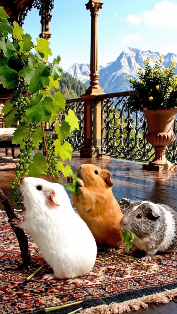 1835. Detailed scene of 3 smooth-haired Teddy guinea pigs with white, orange, and gray fur, nibbling on grape vines, on a luxury resort veranda with mountain vistas.
