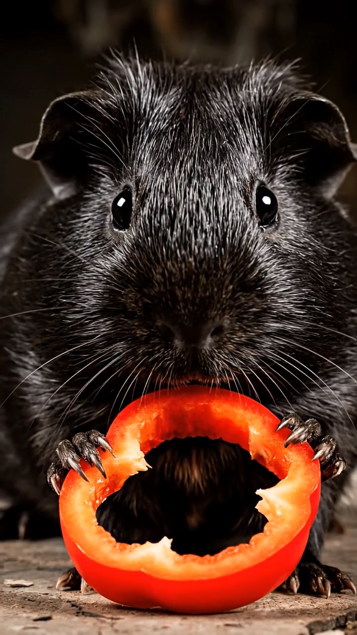 1836. Photorealistic photo of 1 smooth-haired Texel guinea pig with black fur, chewing on bell pepper rings, in a creepy abandoned manor foyer with chandeliers.