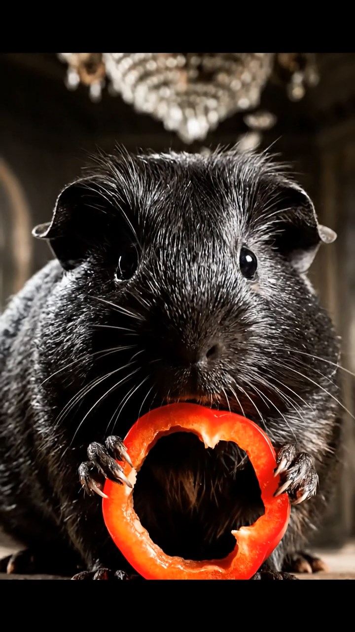 1836. Photorealistic photo of 1 smooth-haired Texel guinea pig with black fur, chewing on bell pepper rings, in a creepy abandoned manor foyer with chandeliers.