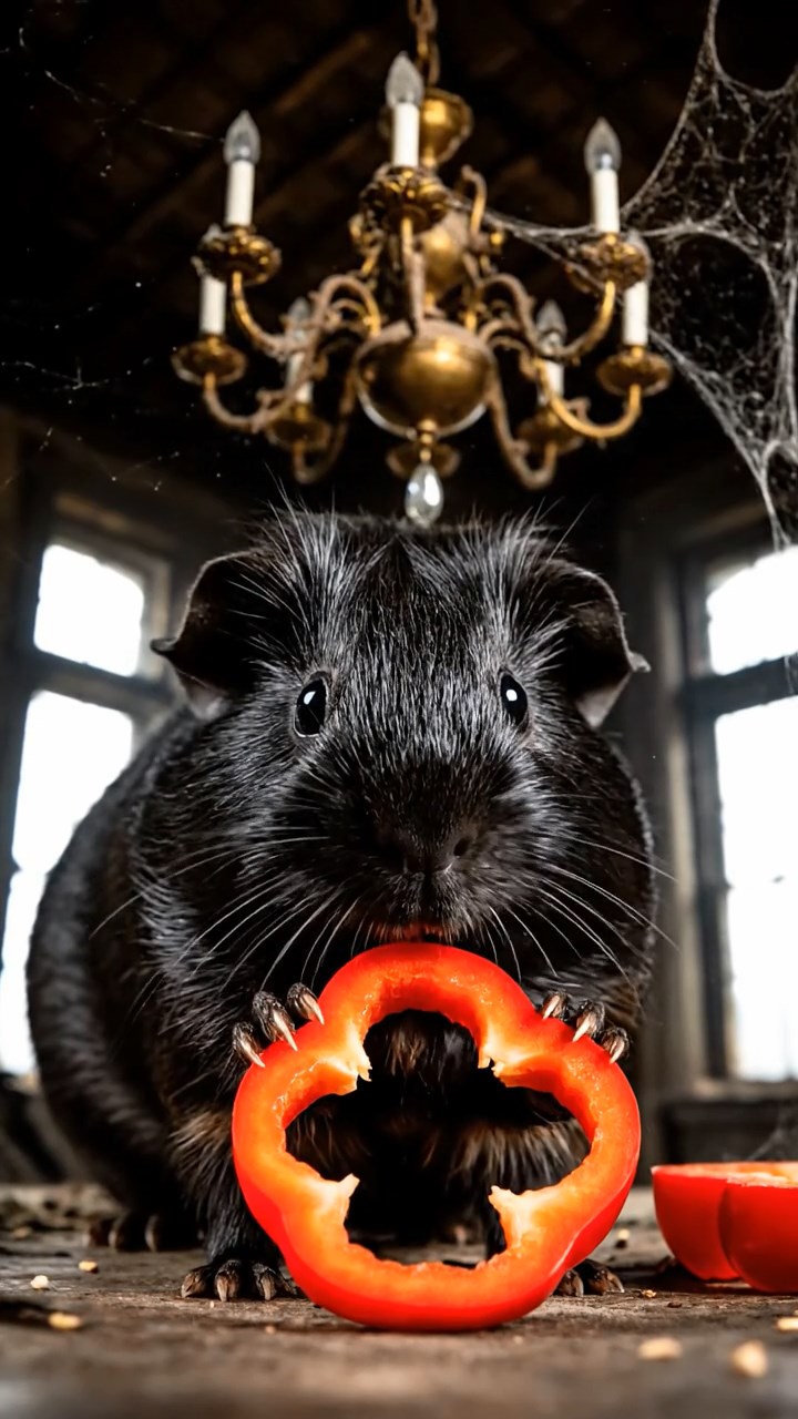 1836. Photorealistic photo of 1 smooth-haired Texel guinea pig with black fur, chewing on bell pepper rings, in a creepy abandoned manor foyer with chandeliers.