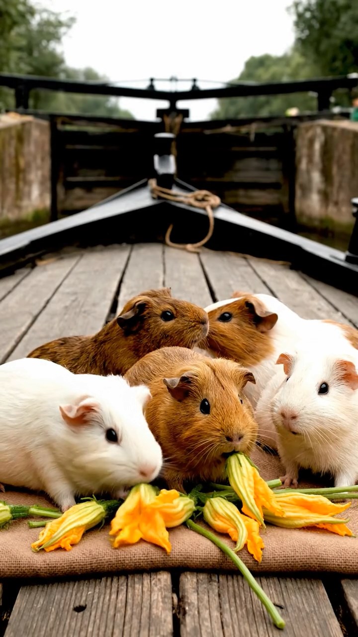 1837. Realistic image of 5 smooth-haired Rex guinea pigs in brown, cream, and fawn colors, munching on zucchini flowers, on a canal barge deck with locks.