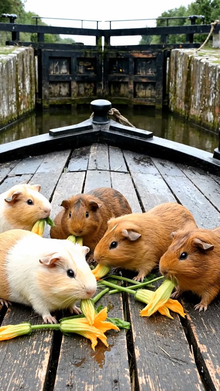 1837. Realistic image of 5 smooth-haired Rex guinea pigs in brown, cream, and fawn colors, munching on zucchini flowers, on a canal barge deck with locks.